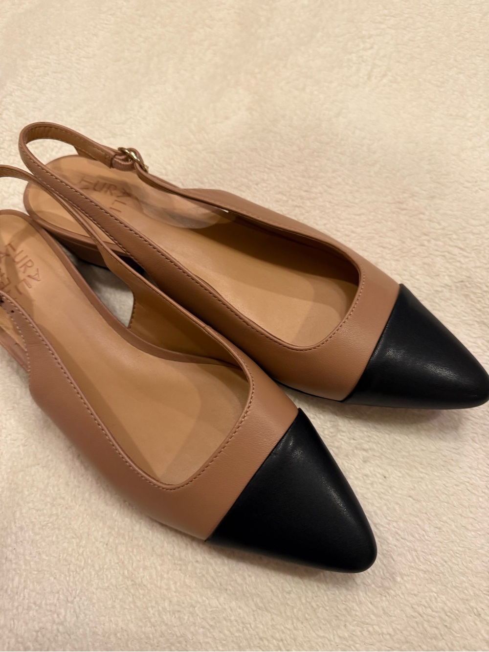 naturalized Pointed Two-Tone Slingback Flats in Black & Tan